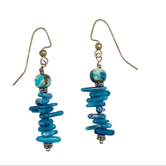 Vintage Turquoise stacked blue glass bead dangle drop earrings sterling coral - Picture 1 of 4